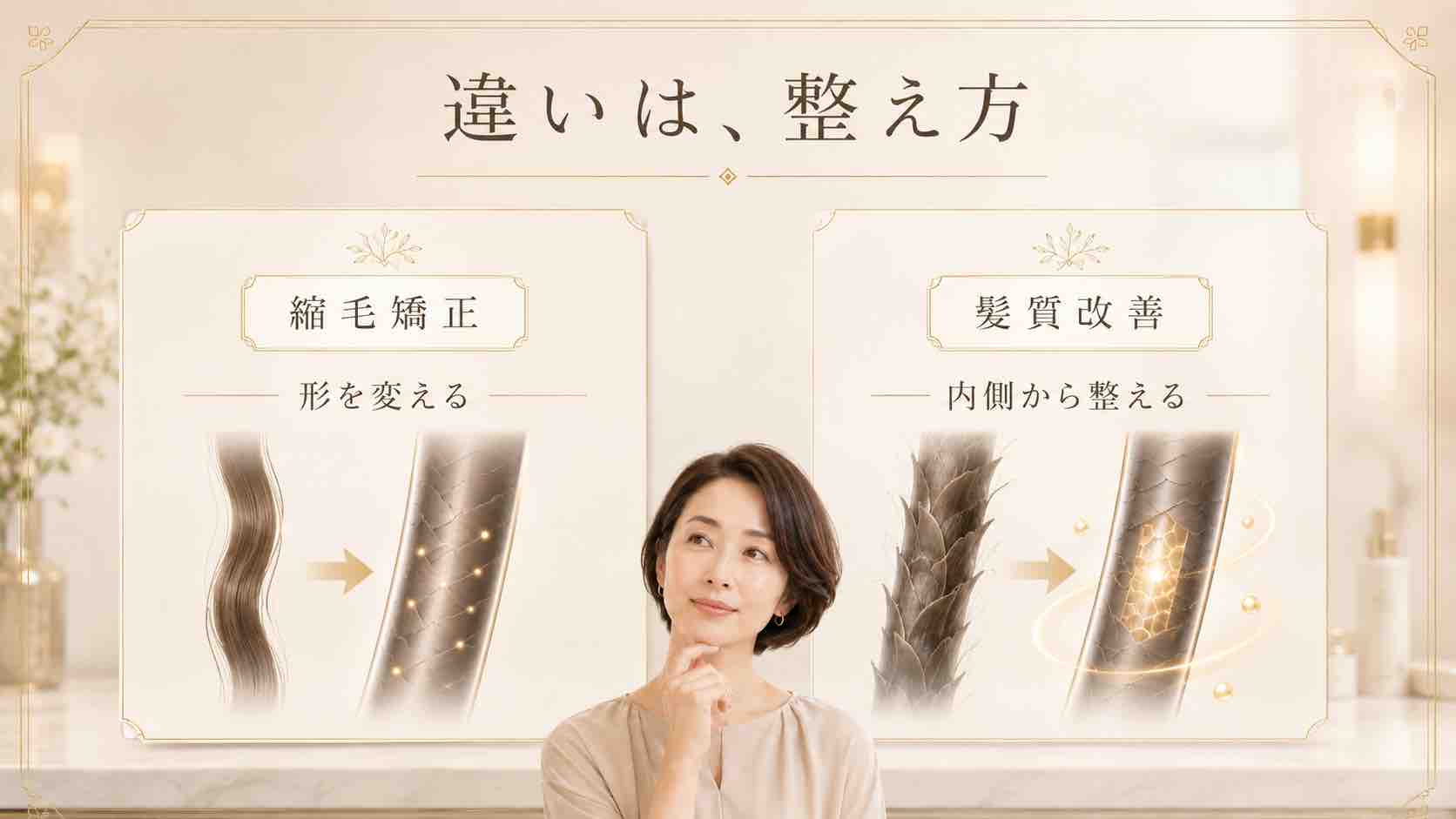 縮毛矯正は形を変える、髪質改善は内側から整える。整え方の違いを示す比較図