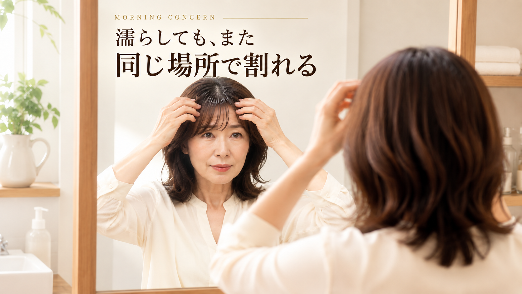 濡らしても同じ場所で前髪が割れることに悩む40代女性のイメージイラスト