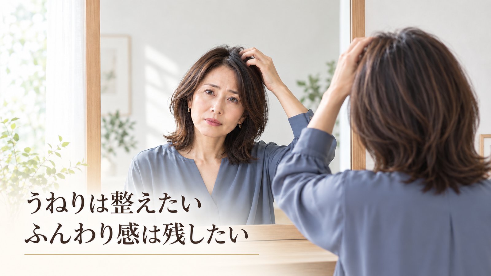 鏡でトップの髪のボリュームを確認する40代後半女性