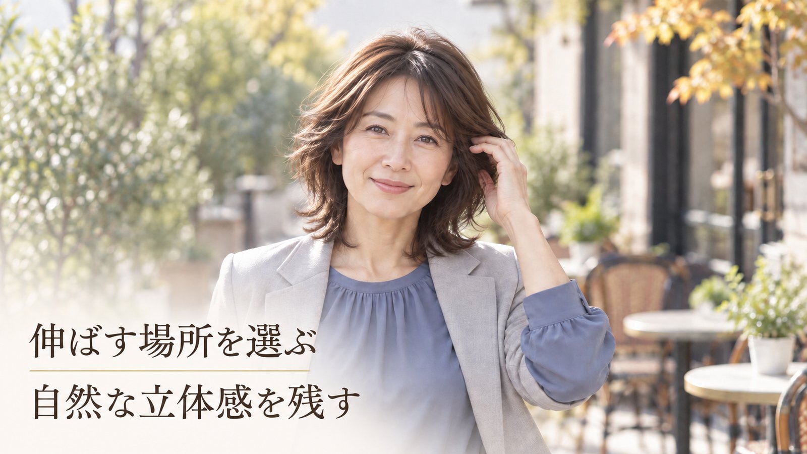 自然なトップの立体感がある髪で外出する40代後半女性