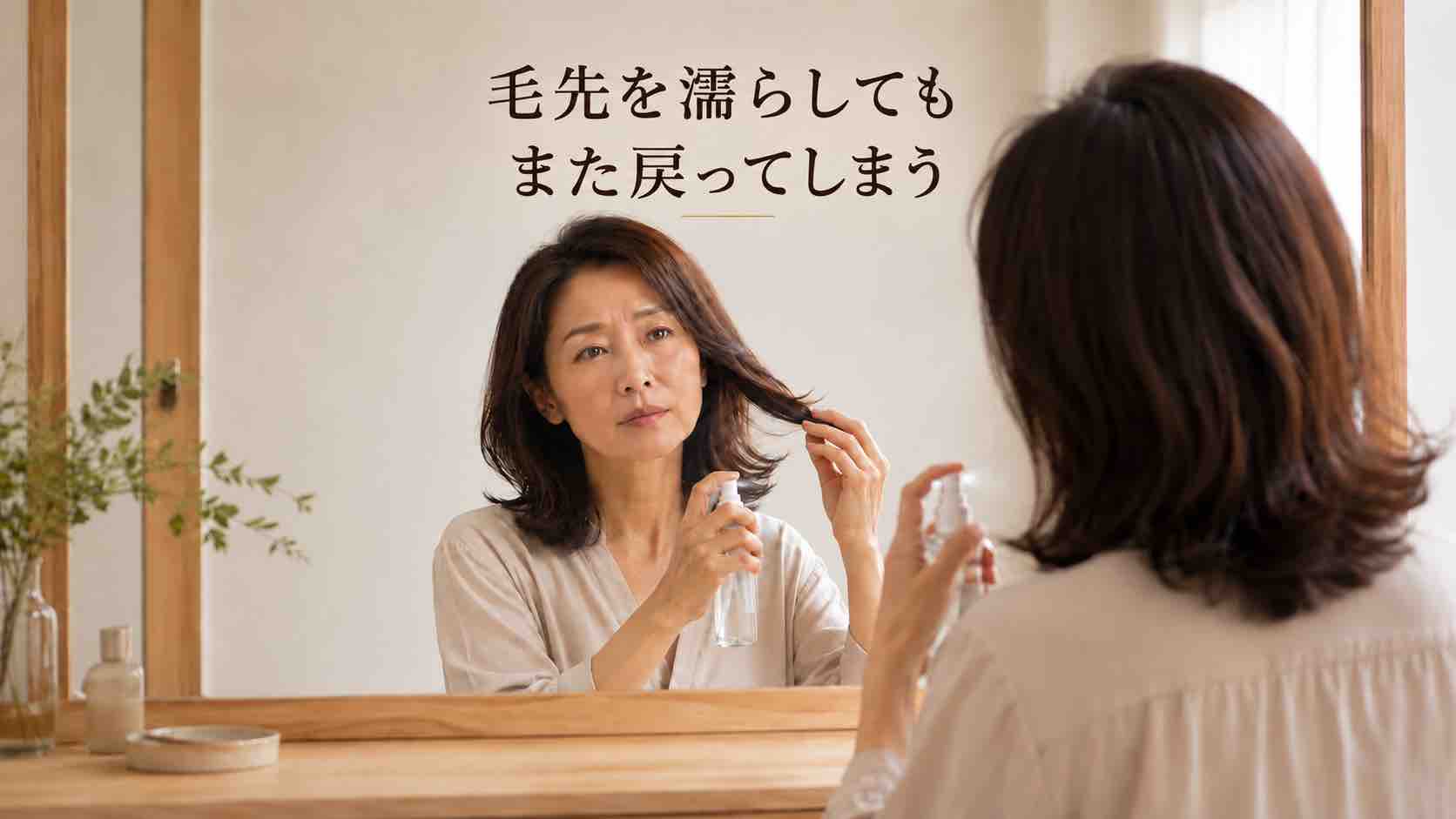 洗面台で毛先だけを濡らして寝ぐせを直す40代女性のイラスト