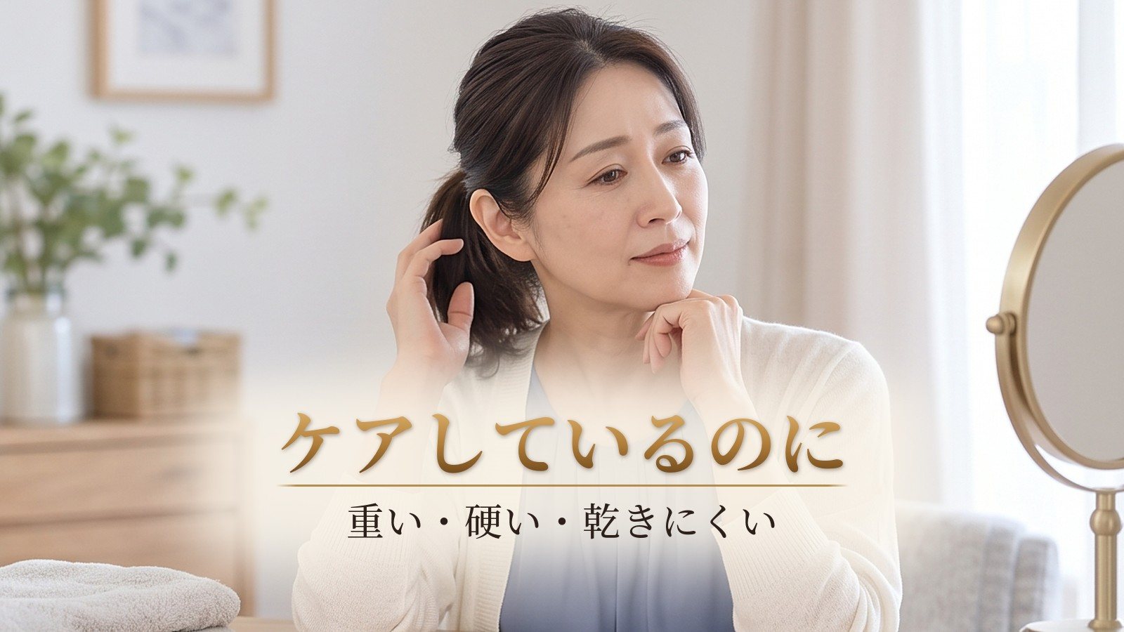 髪に触れながら、重さや乾きにくさに悩む40代女性