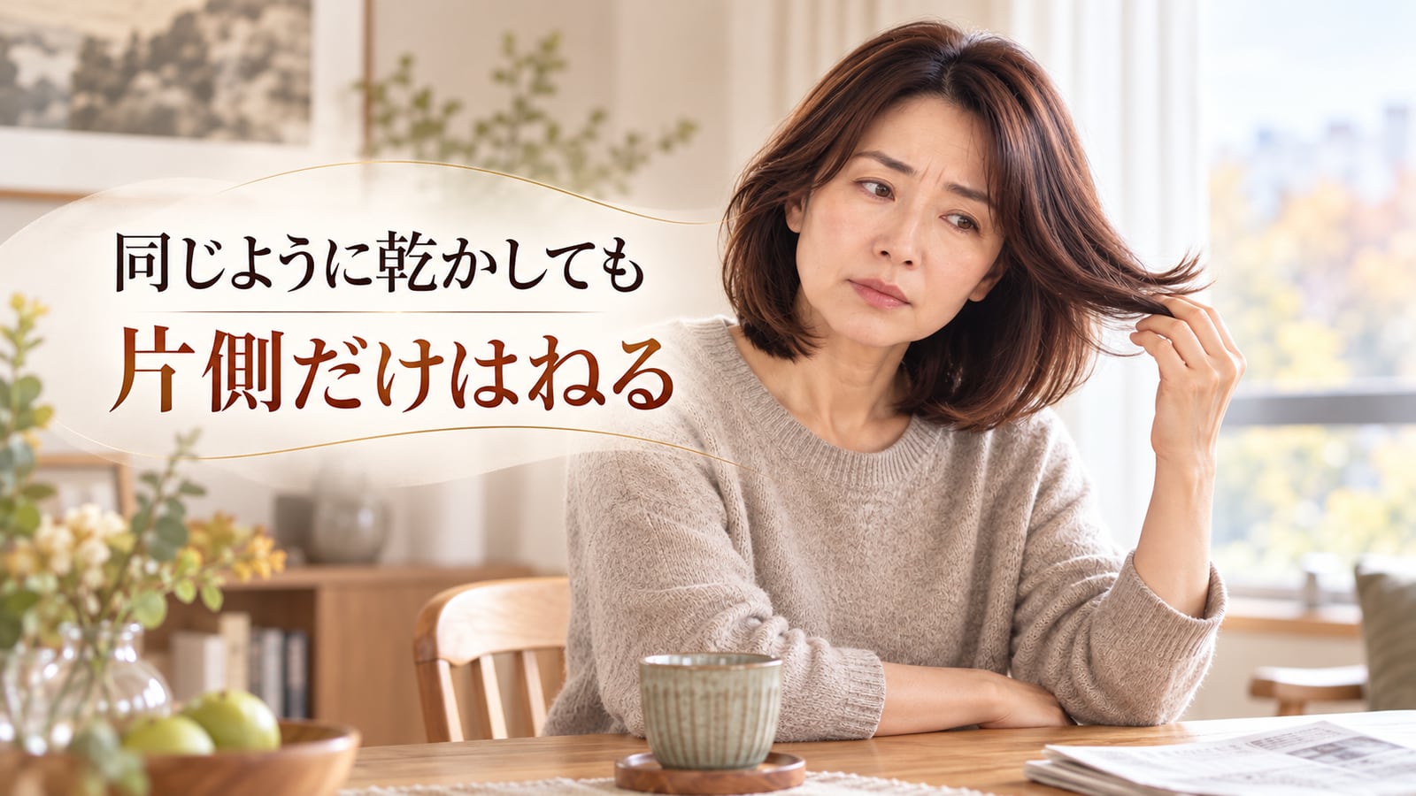 朝の窓辺で片側の毛先を確認する40代女性