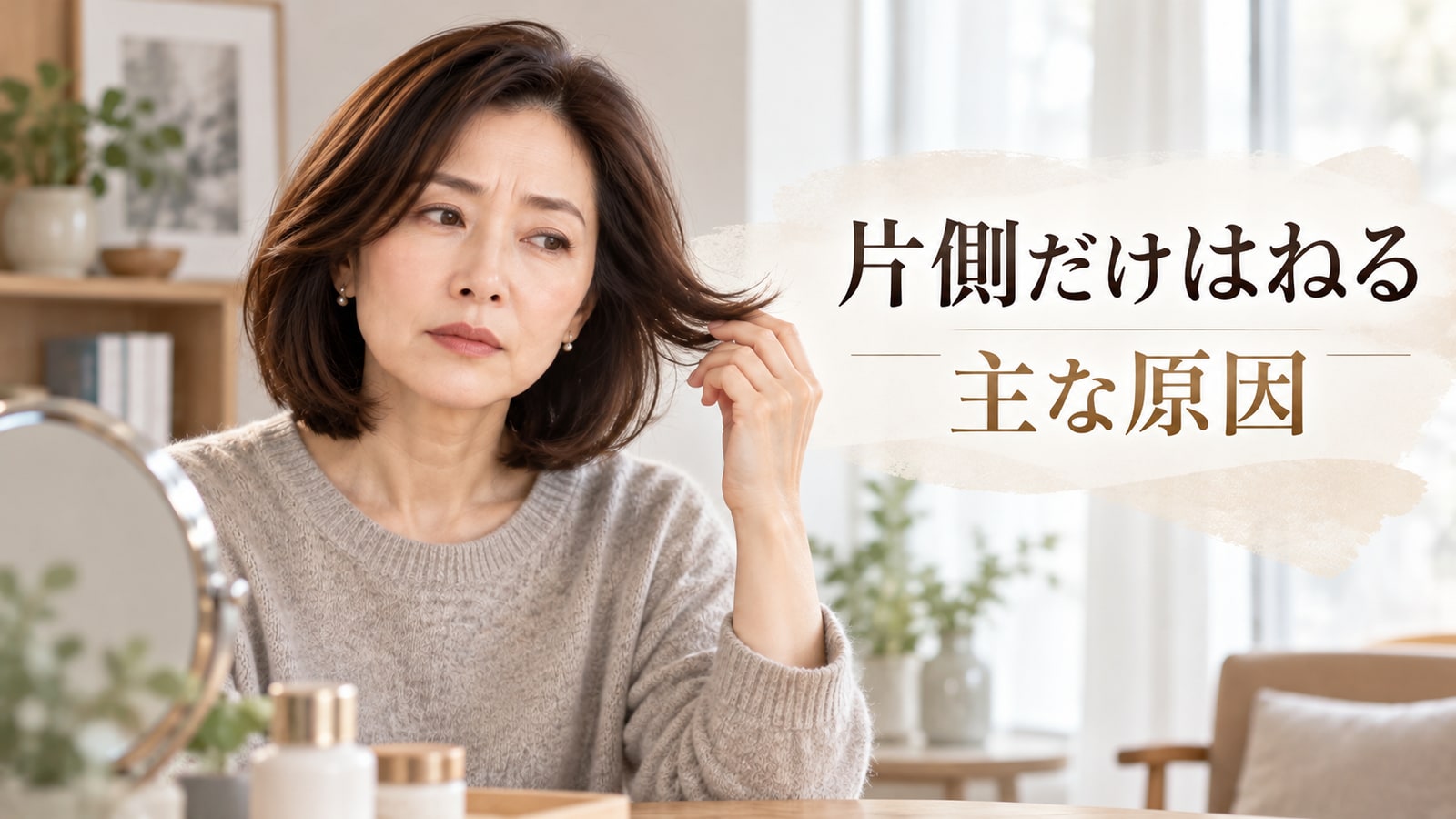 片側の毛先に触れながら左右差を確かめる40代女性