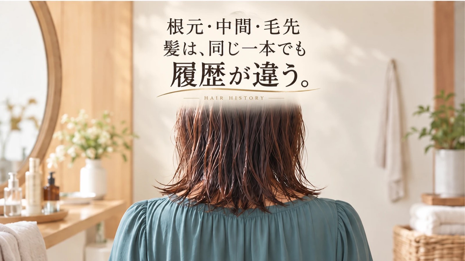 根元・中間・毛先の履歴の違いを示す髪の後ろ姿