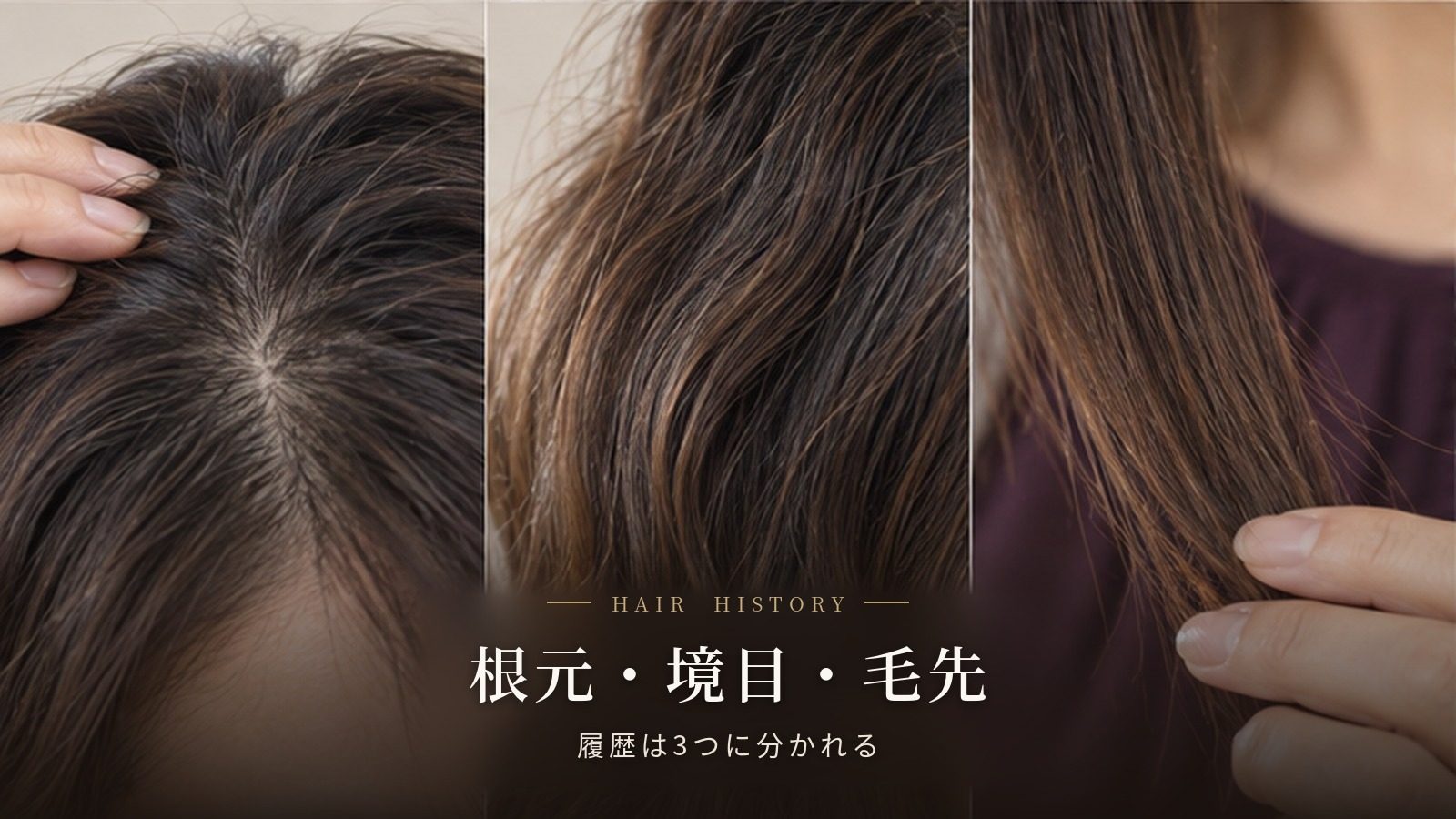 縮毛矯正の移行期に根元、境目、毛先の3領域を見分ける説明画像