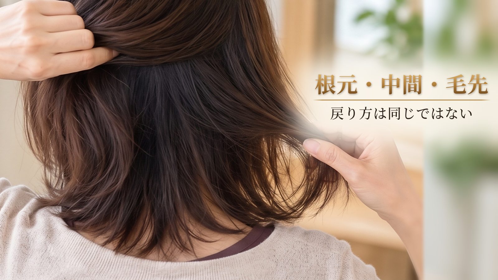 根元、中間、毛先を分けて髪の状態を確認する後ろ姿