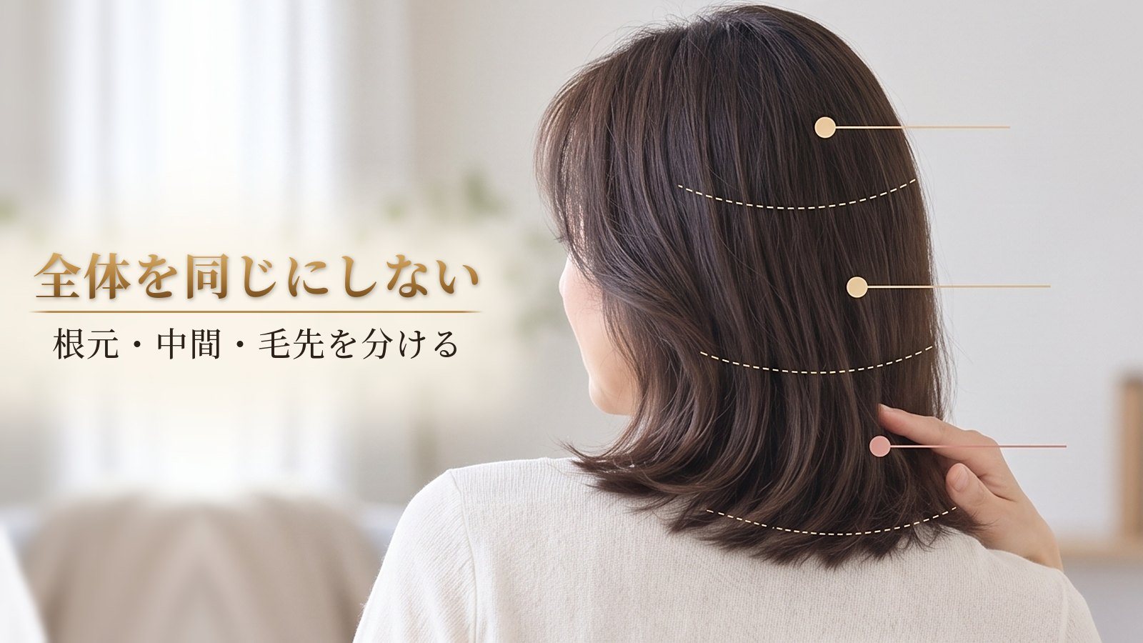 根元・中間・毛先の3つの範囲を目印で示した40代女性の後ろ姿