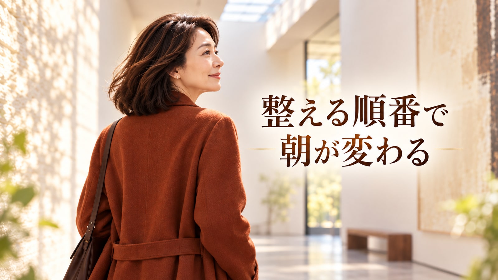 自然にまとまるボブで美術館の回廊を歩く大人女性