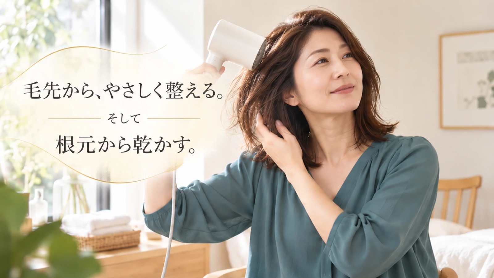 毛先を支えながら根元から髪を乾かす40代女性