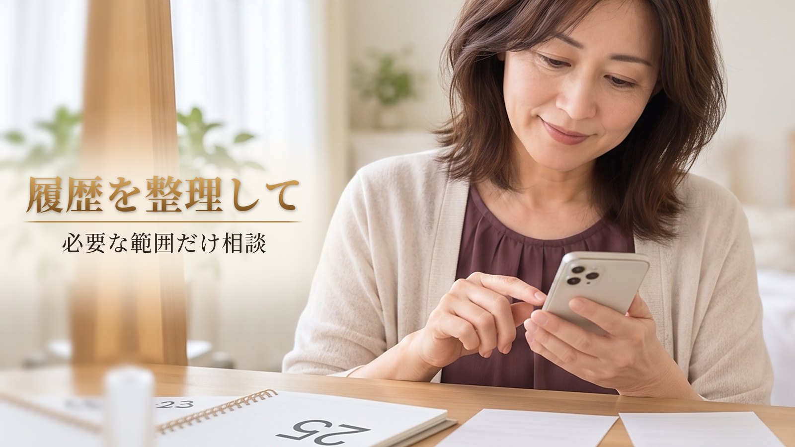 髪の写真と予定を整理し、次回相談の準備をする40代女性