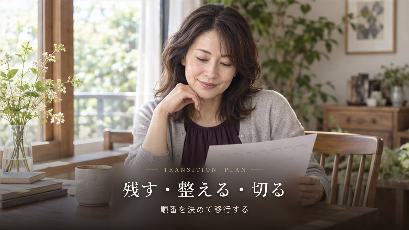 自然な質感の髪で移行計画を確認し、穏やかに外出準備をする40代女性