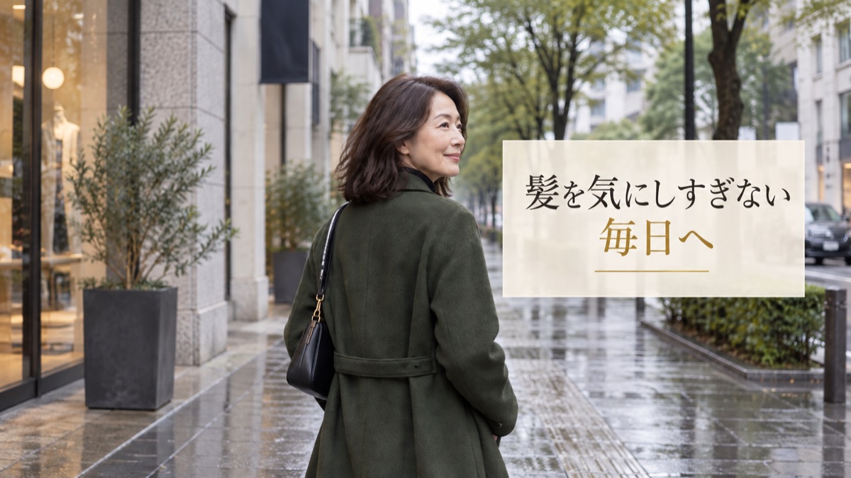 雨上がりの表参道を自然な髪の動きで歩く大人女性