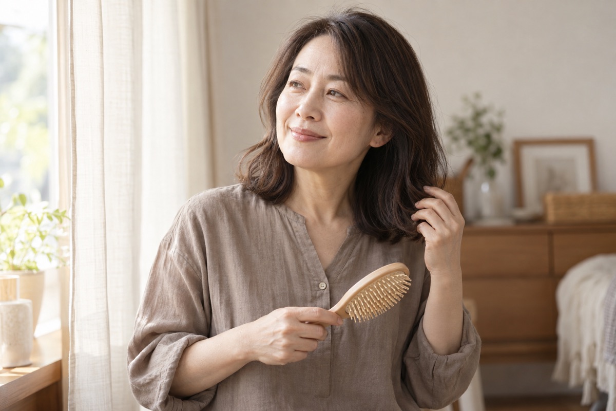 朝の髪支度で毛先に触れる大人女性